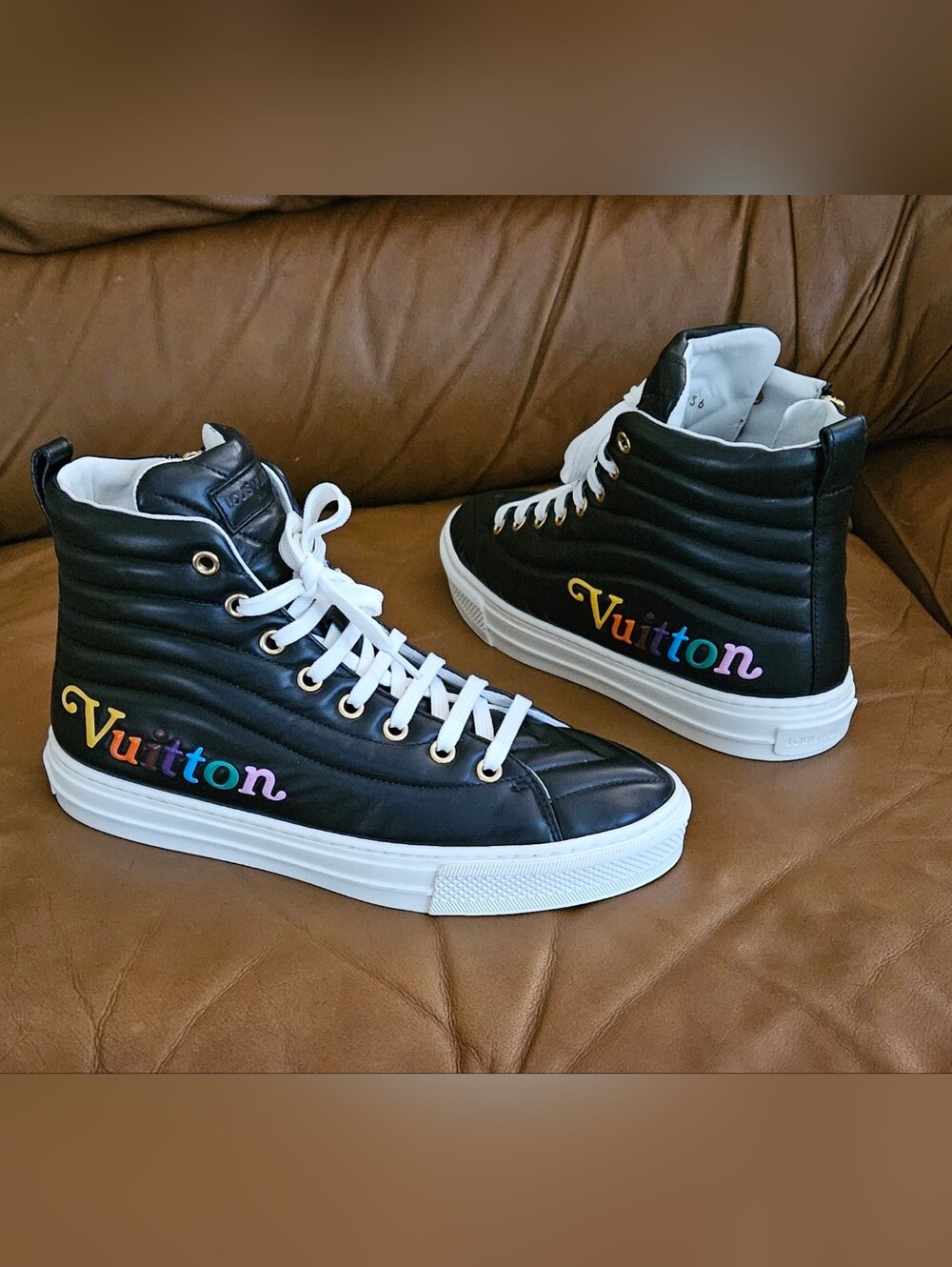 Women's Louis Vuitton Stellar Black Monogram Designer Hightop Sneakers Size 6 US